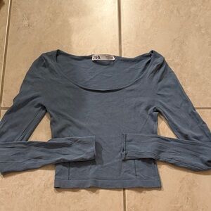 Zara Boatneck Blue Long Sleeve Top